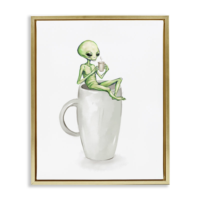 Art mural sur toile Alien & Coffee par Ziwei Li, H 31 po x l 25 po, Cadre flottant métallique doré