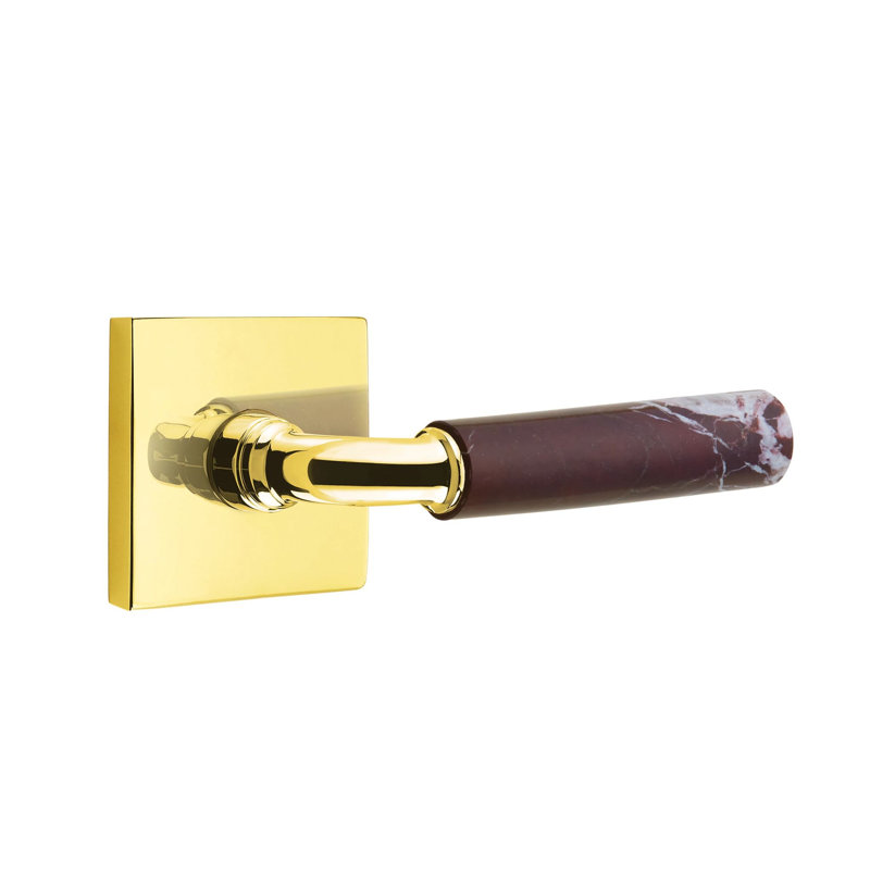 Emtek Select Passage Leverset w/ Square Rosette & R-Bar Stem, Rosso Levanto Marble Lever (CF), Unlacquered Brass
