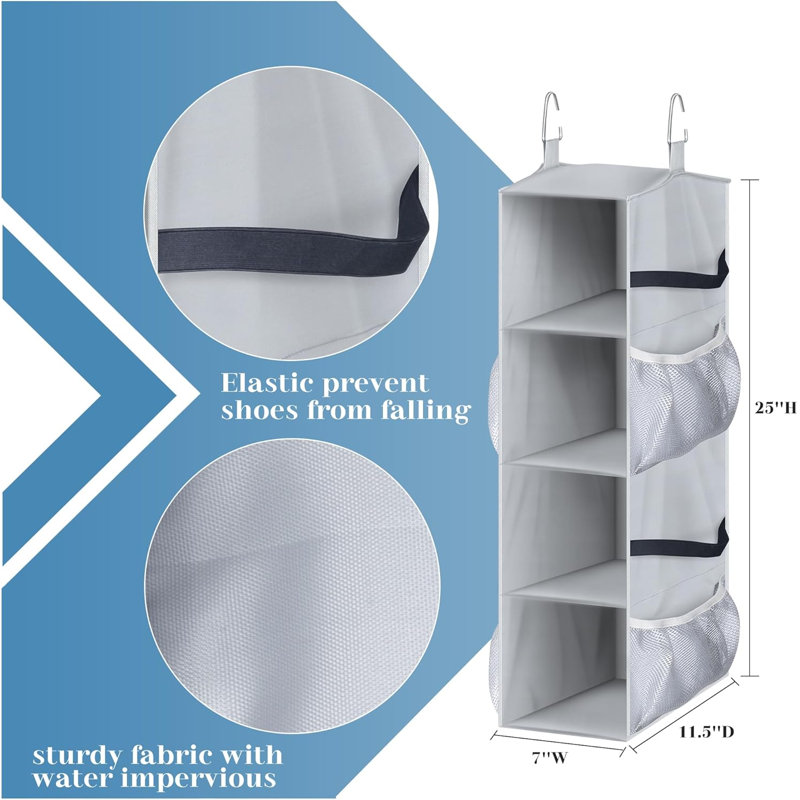 Organisateur de chaussures court pour le rangement de placard avec poches latérales en filet pouvant contenir 8 paires, support à chaussures suspendu pour véhicule récréatif, camping-car, gris