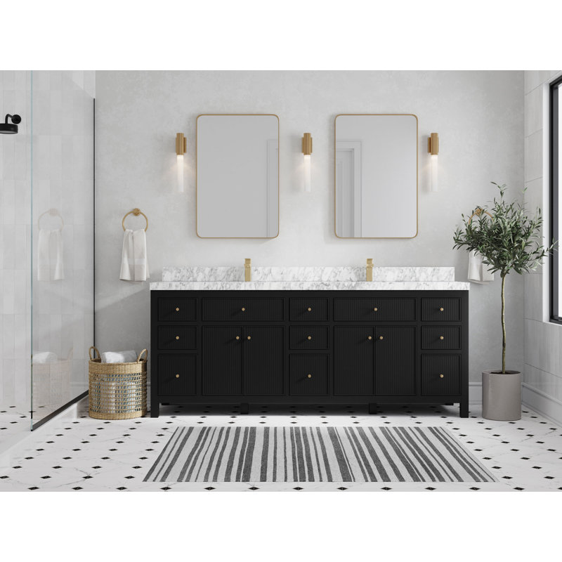 84'' Double Bathroom Vanity with Top, Black, Carrara Marble White