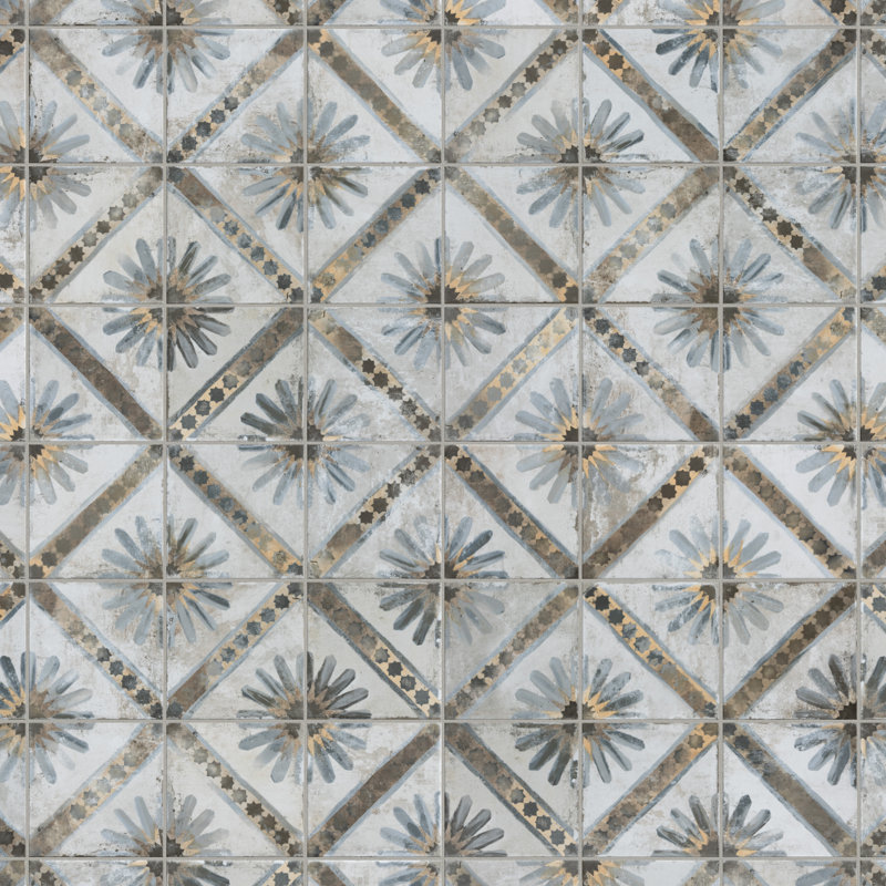 Carreau de céramique à motif pour mur et plancher 13 po x 13 po Harmonia, Bleu / gris / ivoire