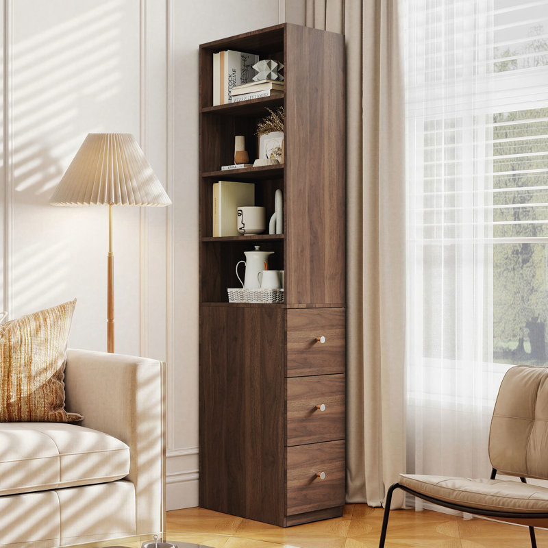 Grande bibliothèque moderne minimaliste, armoire de rangement autoportante de 71 pouces avec 4 tablettes et 3 tiroirs latéraux, organisateur de présentation en noyer / blanc pour le bureau du salon
