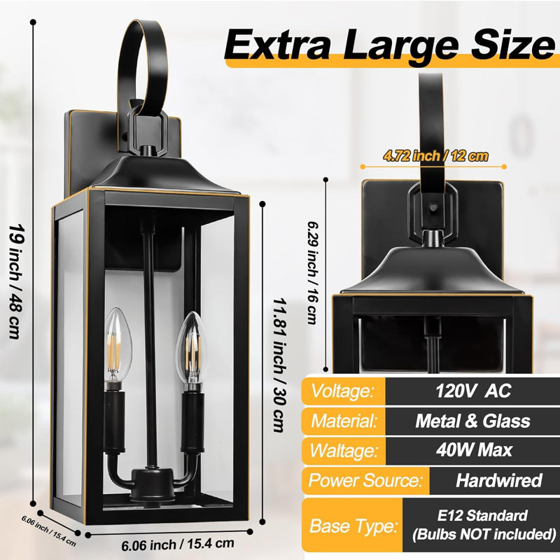 Dusk To Dawn Outdoor Wall Lantern 2-Light, 19" Large Outside Modern Wall Sconce Light Fixture, Industrial Porch Light Wall Mount With Glass, Waterproof Farmhouse Exterior Lamp Lighting