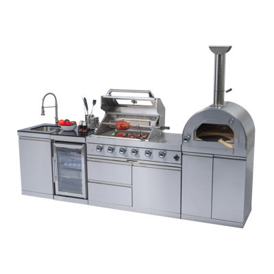 Îlot de barbecue au propane à 4 brûleurs de 112 po avec brûleur latéral, rôtissoire, four à pizza et réfrigérateur et évier homologués pour l'extérieur 112 po