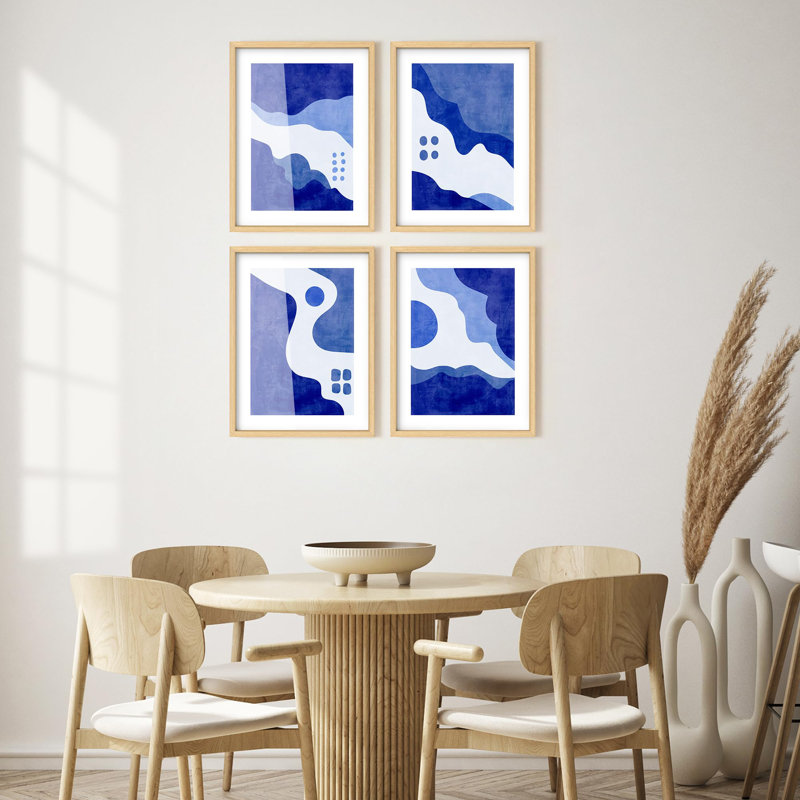 Art mural encadré, ensemble de galerie, art abstrait bleu et blanc, motifs géométriques modernes et décoratifs multicolores pour le salon, le bureau, la chambre à coucher