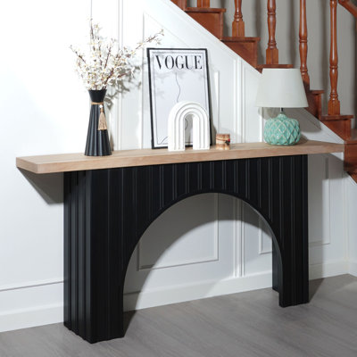 Console moderne minimaliste avec base en arche noire et plateau en bois naturel, console en bois de 66 po