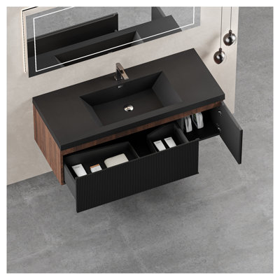 Meuble-lavabo flottant mural 48 po avec lavabo, armoire en bois d'ingénierie en noyer fumé, tiroirs à texture ondulée avec mécanisme de fermeture en douceur et cuve en quartz noir