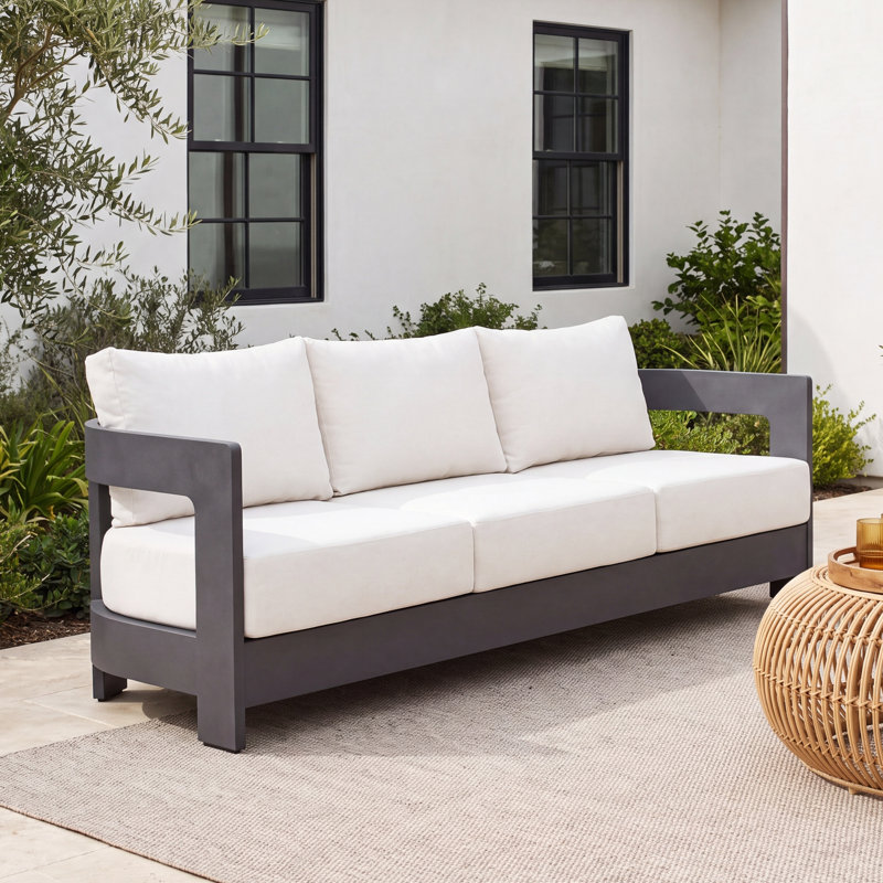 Frances 3-Person Aluminum Patio Sofa, White Cushion/Black Frame