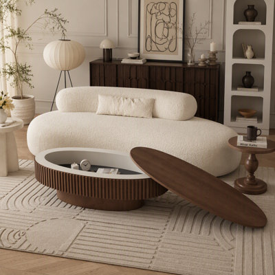 47'' Oval Coffee Table with Storage Solid Wood Veneered Modern Coffee Table Accent Tea Table for Living Room, Bedroom, Apartment or Office, Walnut