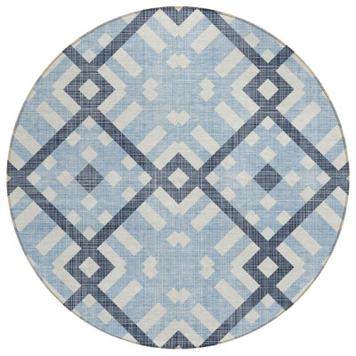 HomeRoots 8' Sky Blue Navy Blue And Ivory Round Geometric Washable Indoor Outdoor Area Rug