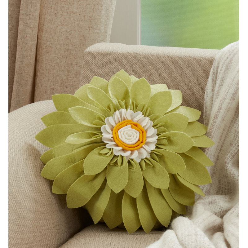 Lime Felt Flower Poly Filled Decorative Throw Pillow