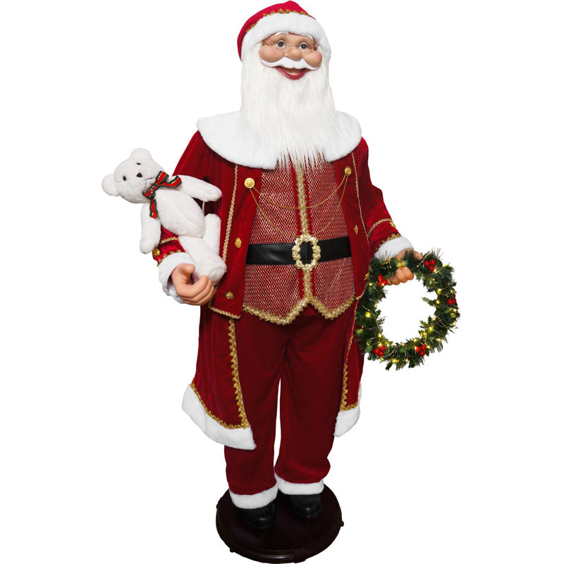 58" Red Velvet Dancing Santa with Bear and Wreath