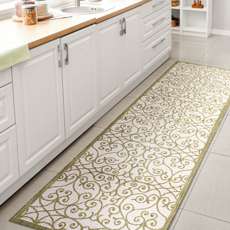 Deilani Vintage Filigree Textured Weave Green/Cream Indoor/Outdoor Rug, Runner 2'2" x 10'