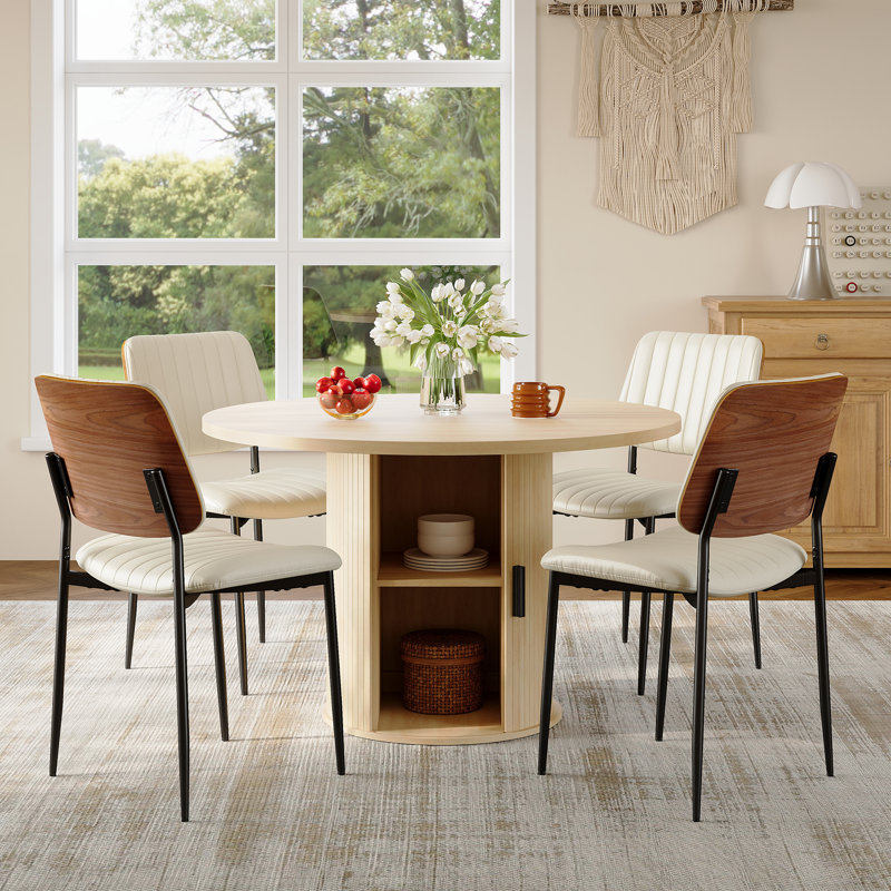 4 - Person Round Dining Table Set With Hidden Storage & 4 Upholstered Chairs, Cream, White
