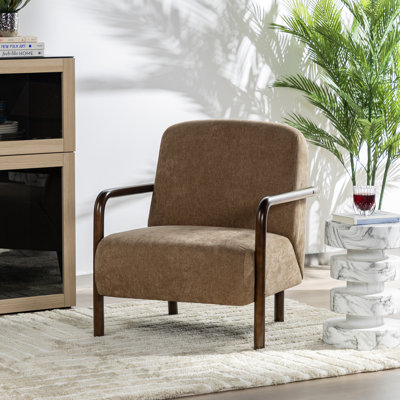 Fauteuil Mid-Century moderne en tissu brun avec structure en bois d'hévéa noyer
