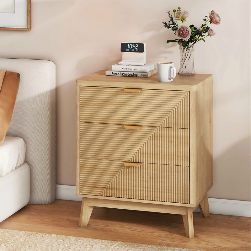 Table de chevet cannelée en bois Rhyth, Sergé naturel, Individuel