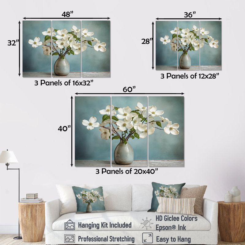 «Dogwood Bouquet Still Life», ensemble d'art sur toile Dogwood, H 28 po x l 36 po x P 1 po
