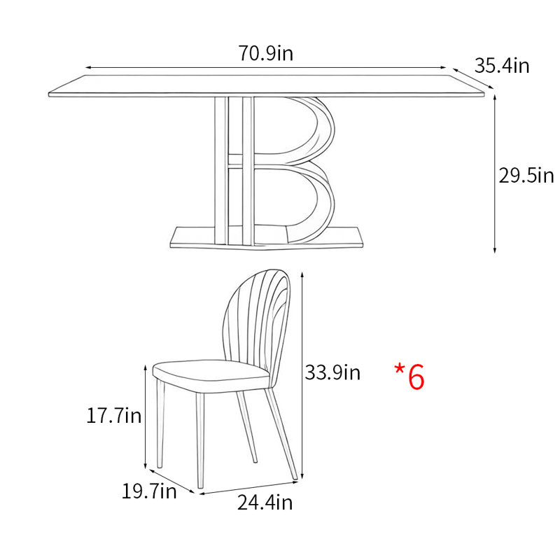 Italian modern rectangular dining table sets, 29.5"H x 70.9"L x 35.4"W