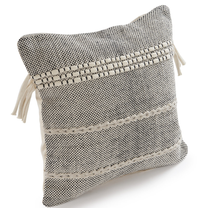 Black and Natural Embroidered Cotton Square Throw Pillow