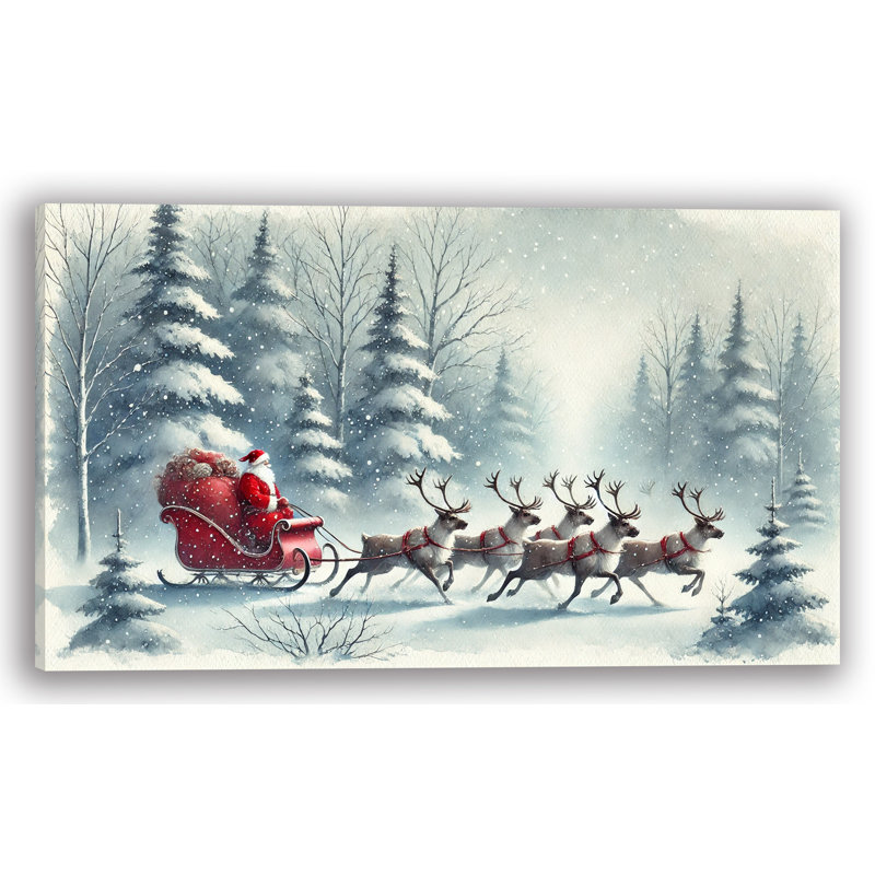 «Santa's Silent Snowfall Journey: Tranquil Winter Forest», art sur toile, H 20 po x l 35 po