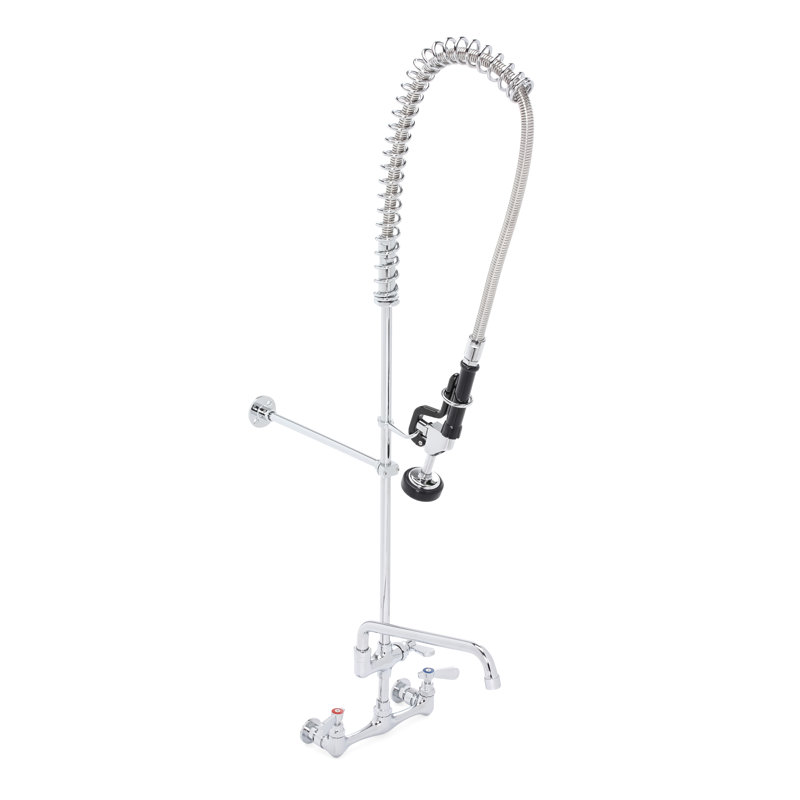 Wall Mount Pre-Rinse Faucet with Coiled Spring Pull Down Sprayer & 12" Add-On Faucet