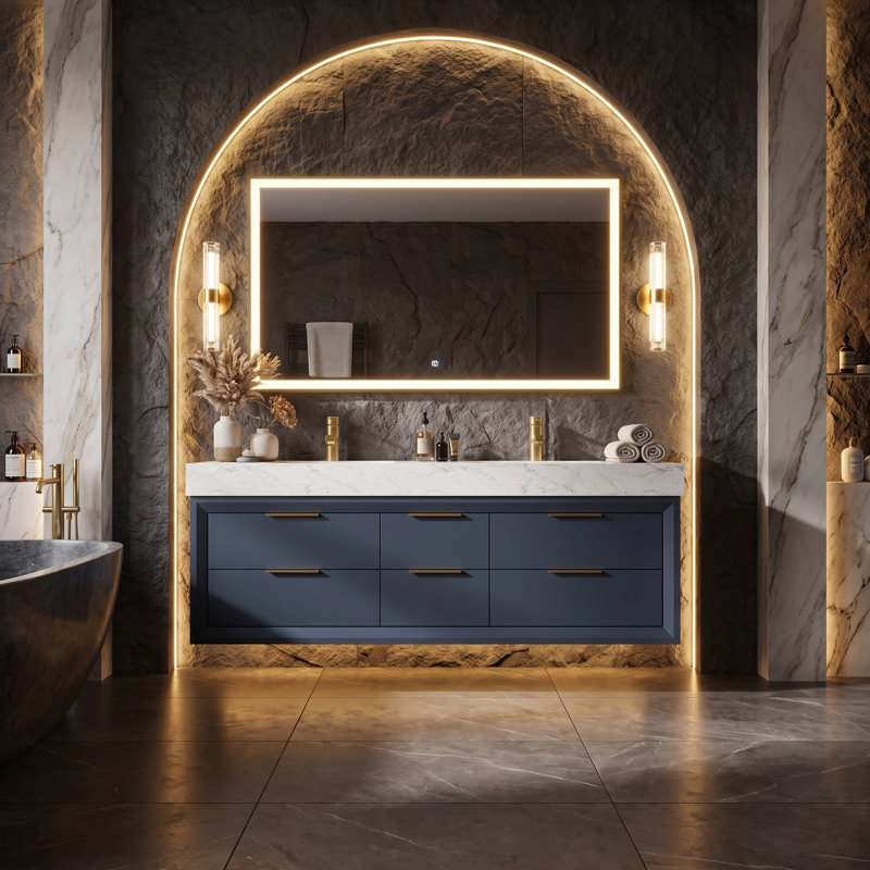Meuble-lavabo suspendu de 152,4 cm (L) x 52,6 cm (P) avec comptoir imitation marbre, éclairage DEL intégré, 6 tiroirs à fermeture amortie, bleu