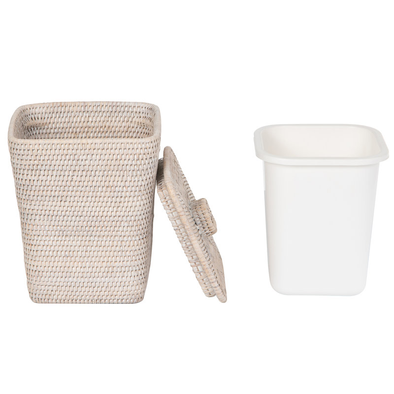 La Jolla Square Waste Basket and Trash Bin with Lid and Plastic Insert, White