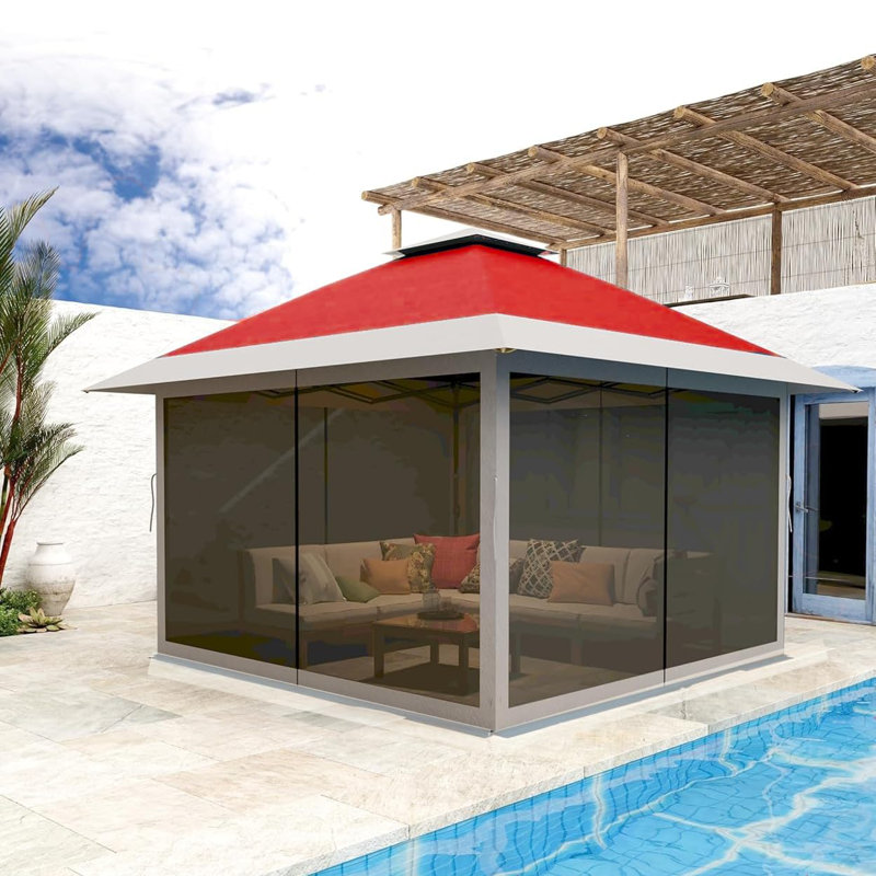 Tente de pavillon 12 x 12 avec moustiquaire, toit double, sac à roulettes et 4 sacs de sable, abri extérieur UPF 50+ pour la cour et le patio, rouge et gris clair