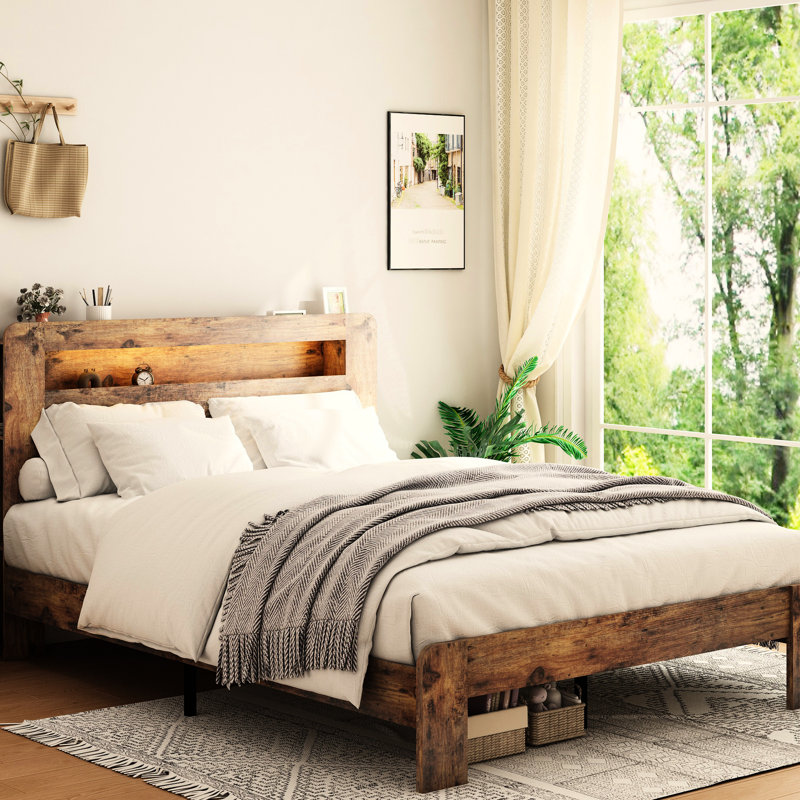 Structure de lit double avec tête de lit à DEL avec rangement, 2 ports, lattes en bois, sans sommier, pratique et confortable, taille brun foncé, gestion des câbles de la plateforme, structure,