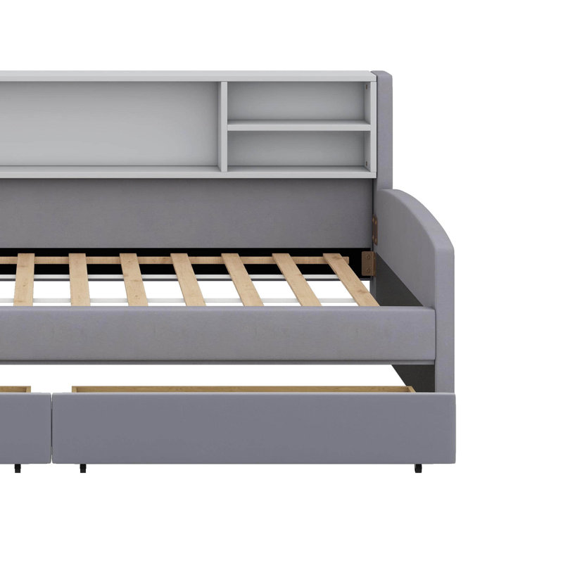 Lit plateforme simple tapissier avec tiroirs, Gris