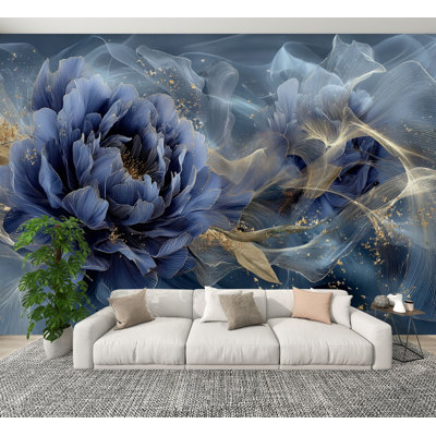 Papier peint adhésif floral avec pivoines bleu marine, ivoire, magnolias décoratifs dorés, décorations dorées, papier peint amovible en PVC, H 100 po x l 144 po, pour chambre à coucher, bureau à domicile, bureau à domicile