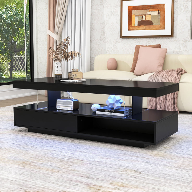Table basse moderne ultrabrillante avec lumière DEL, tiroirs de rangement et compartiments ouverts, Noir