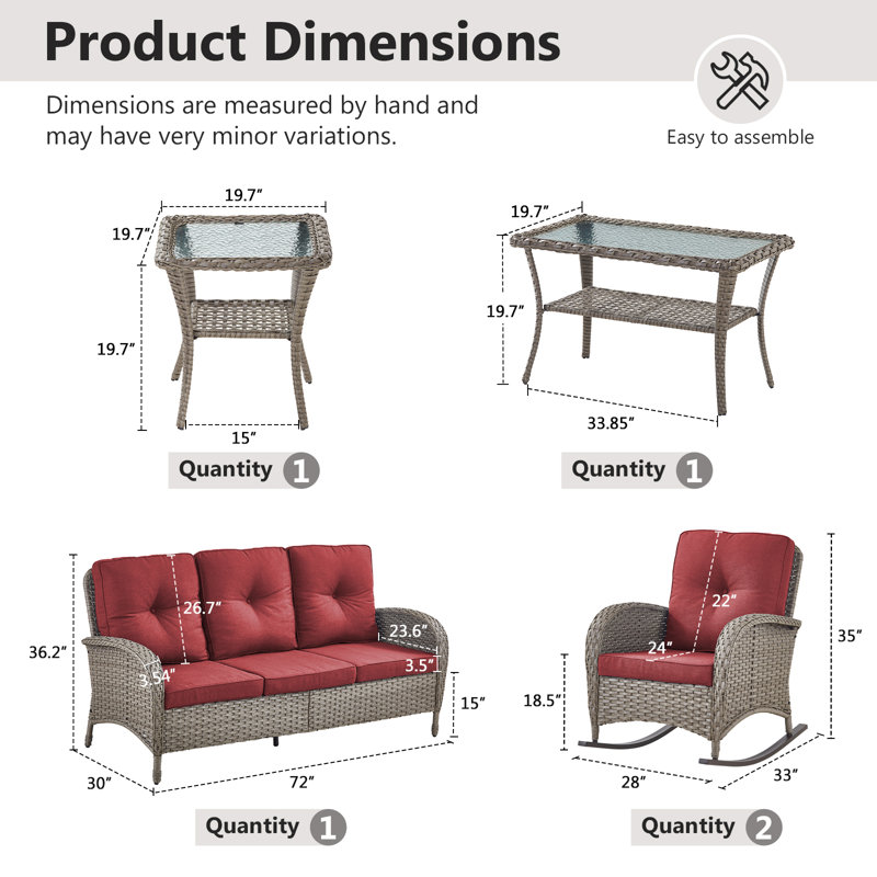 Outdoor Courtyard Wicker Sofa Conversation Set With Rocking Chairs, Gray, Red