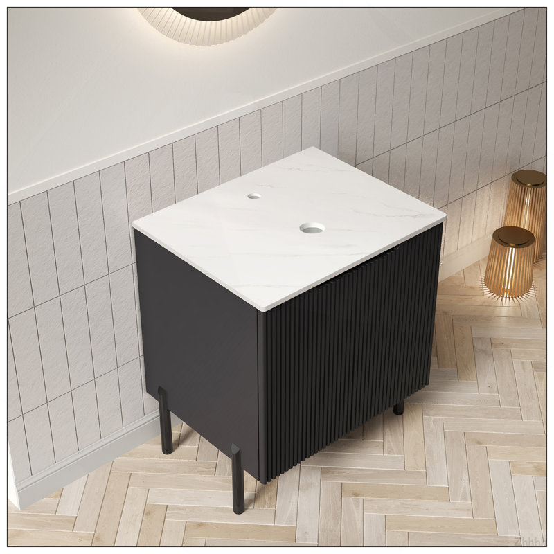 Armoire autoportante 24 po sans lavabo TURIO, avec comptoir en pierre frittée blanc Carrara et 2 portes, noir