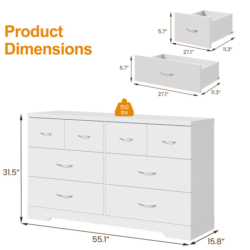 8 Drawer Dresser, White