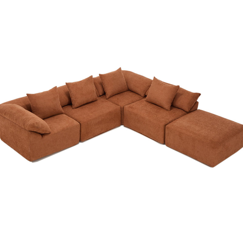 142" L Shaped Sectional , Chenille, Orange, 5 Piece Couch, -combined For Customizable Seating Couch In Piece, Chenille Upholstery, No Leg Design, Spacious