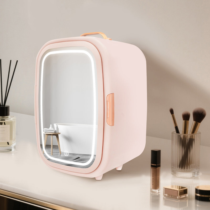 Cosmetic Refrigerator LED Light 3 Adjustable Brightness Makeup Refrigerator Tabletop Skincare Refrigerator, Pink