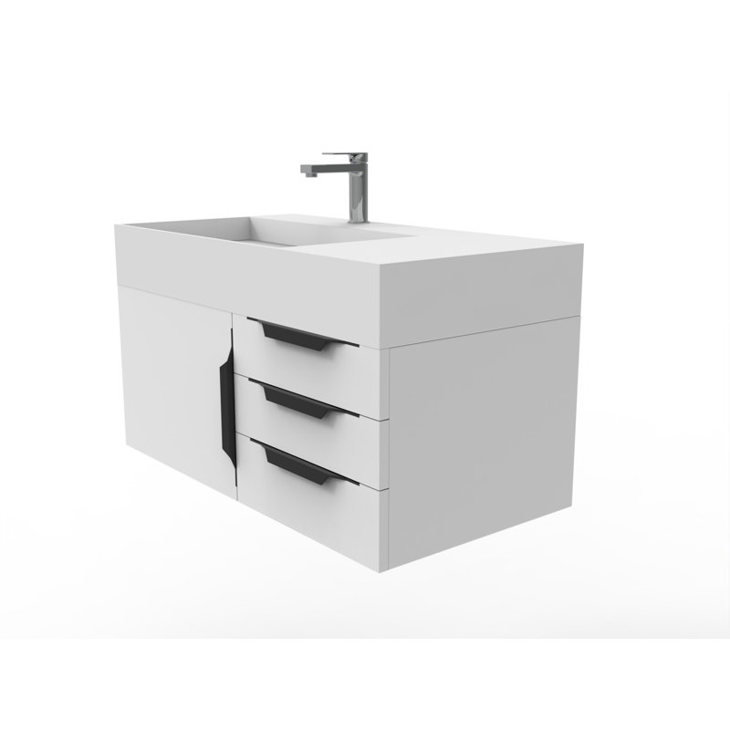 Ensemble de meuble-lavabo mural simple 36 po Bassi, Blanc, Blanc, Noir