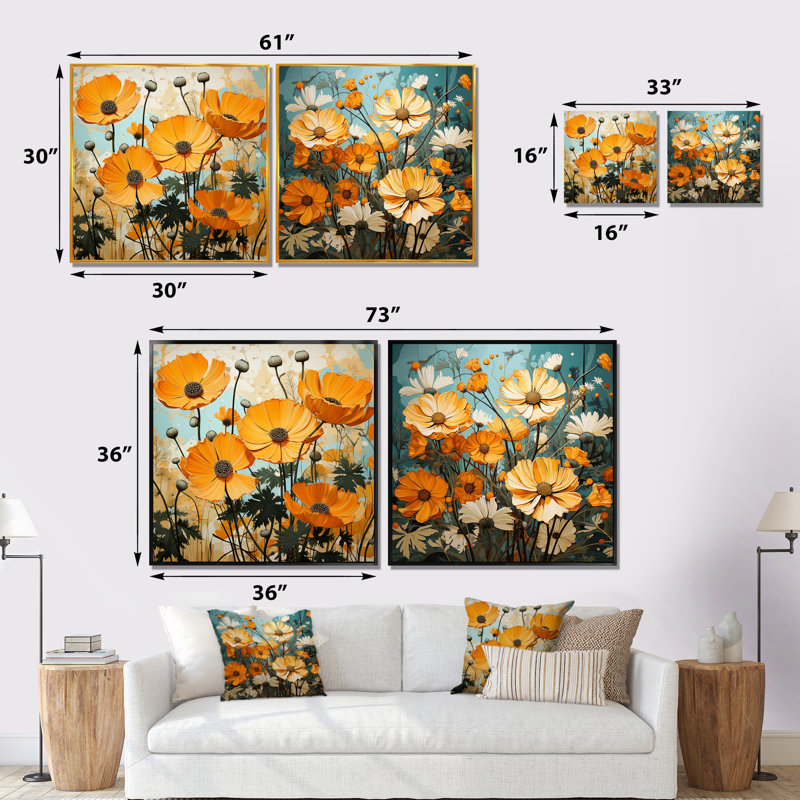 Ensemble de 2 décorations murales jaune souci, Cadre flottant noir, H 16 po x l 33 po x P 1 po