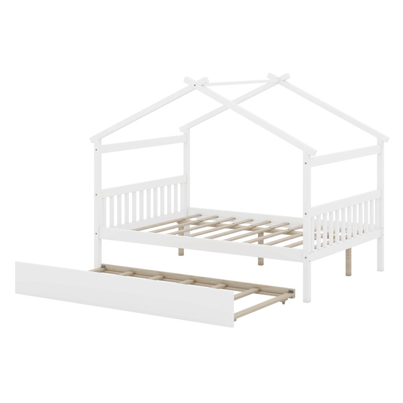 Annais Wooden House Bed with Trundle, Full, White