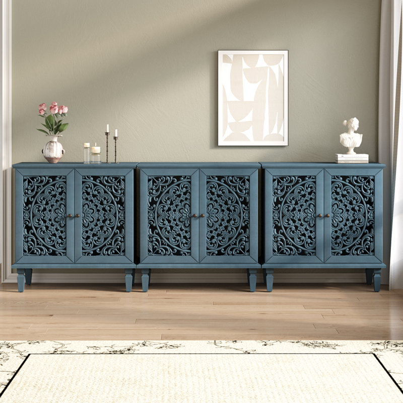 Armoire d'appoint vintage à motif floral symétrique à 2 portes, Bleu antique
