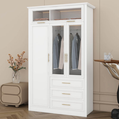 3-Door LED Wardrobe Armoire With 3 Drawers And Dual Hanging Space, Modern Storage Closet With Built-In Lighting, Glass/Wood Doors