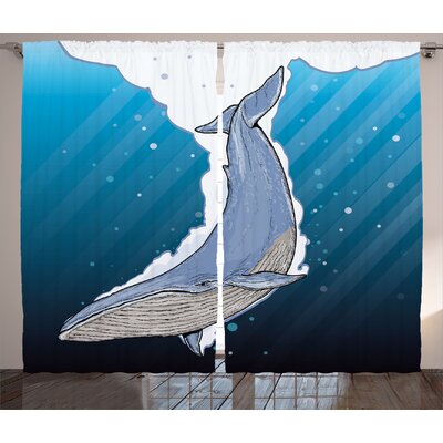 Whale Cartoon Whale Swimming Under Ocean with little Fish Shells Near Palm Island Graphic Print & Text Semi-Sheer Rod Pocket Curtain Panels -  Ambesonne, p_21935_108x84