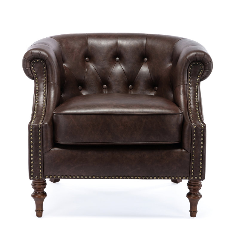 Chaise avec capitonnage à boutons, similicuir brun, style élégant, coussin de siège confortable, siège de fabrication, revêtement en cuir, conception classique, structure amovible