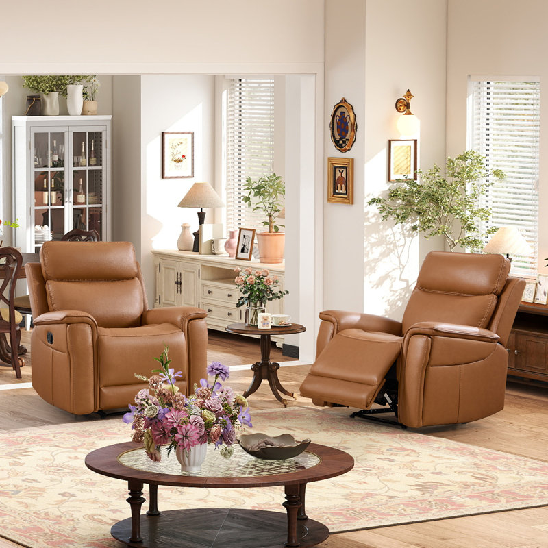 37.4" Wide Modern Overstuffed Top Faux Leather Manual Reclining Chair With Hidden Cup Holders(Set Of 2)