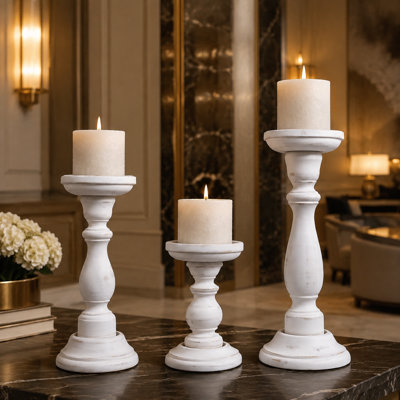 Hand-Carved Mango Wood White Candle Holders Set