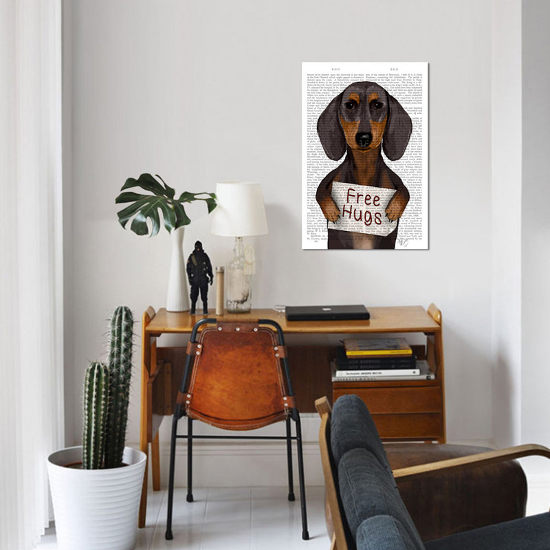 «Dachshund, Free Hugs», reproduction d'impression sur toile, H 18 po x l 12 po x P 1,5 po, Toile tendue, Pas de tapis