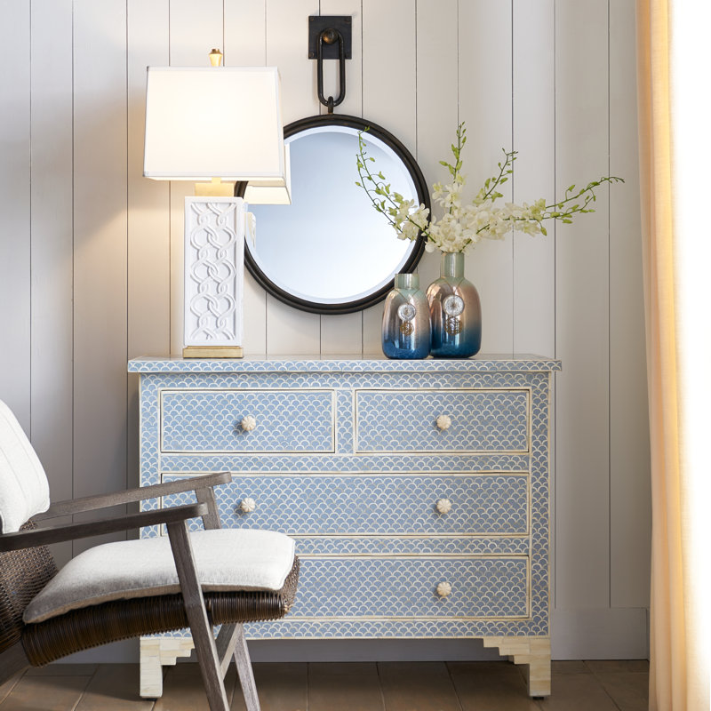 Coastal Elegance Blue and White Bone Inlay 4-Drawer Chest