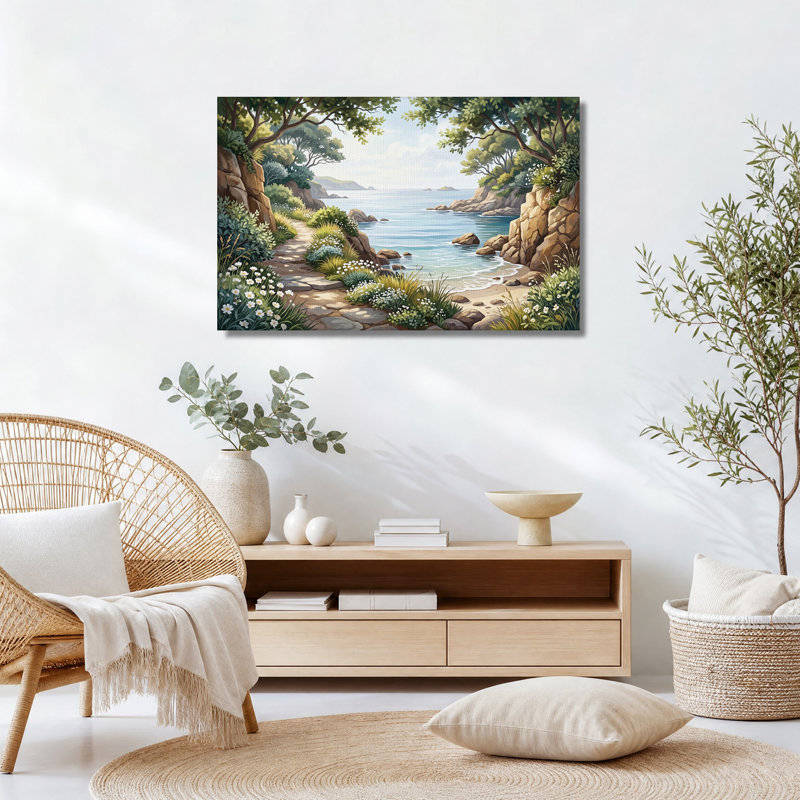 Tableau sur toile représentant un sentier côtier rocailleux avec des fleurs sauvages blanches, H 32 po x l 48 po