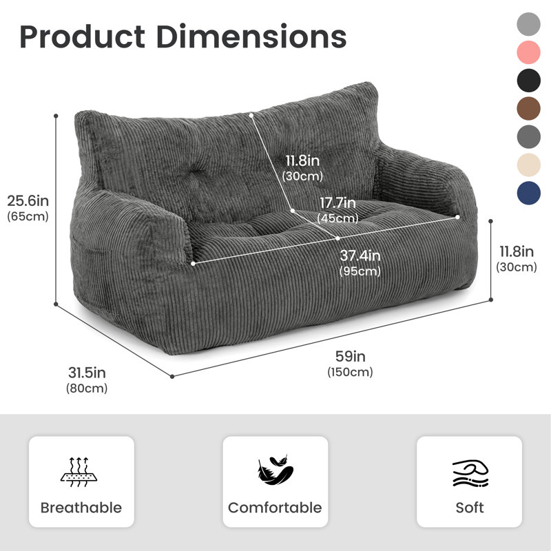 Fauteuil à billes large de 59 po, canapé paresseux en velours côtelé et causeuse Colman, Médium, Velours côtelé gris